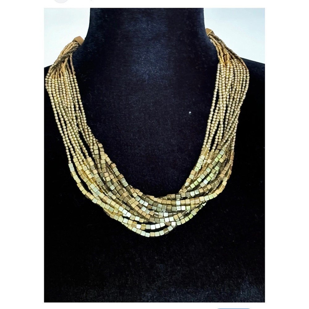 Chico's Gold Multi Strand Statement Necklace‎ Square Cube Beaded Layered Bib